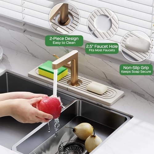 16 Inch Stone Faucet Mat for Kitchen Sink Splash Guard - Diatomite Quick Dry Stone Mat Kitchen Sink Protectors, Water-Absorbent Faucet Handle Drip Catcher Tray with Drainage (White, 15.7" x 3.9")