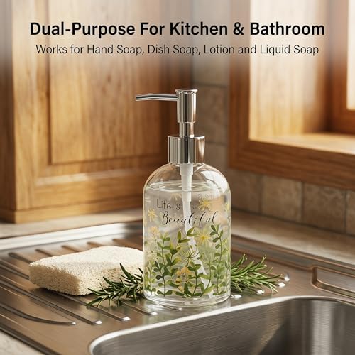 Topadorn 17oz Glass Soap Dispenser, Refillable Clear Liquid Soap Bottle, Bathroom Kitchen Countertop Decor, Inspirational Quote Design - color: Green