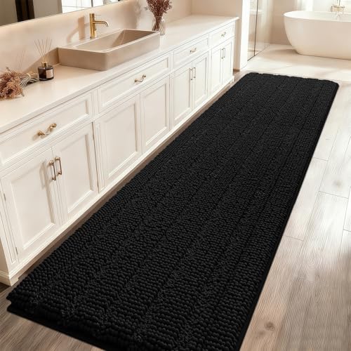 ACCUMTEK Striped Black Bathroom Rug Mat 59"x20" Ultra Soft, Non Slip Chenille Bath Rugs, Absorbent Plush Shaggy Bath Mats for Bathroom, Bedroom, Kitchen, Shower, Tub - color: Black, size: 1'8" x 4'11" (Runner)