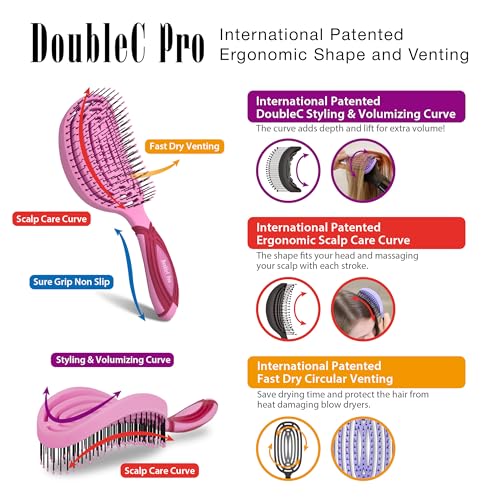 NuWay® DoubleC® Pro Professional Detangling Hair Brush – Patented Double Curve Scalp Care Brush for Gentle Detangling, Blow-Dry Styling & Wet or Dry Hair (Red Violet) - color: Red Violet