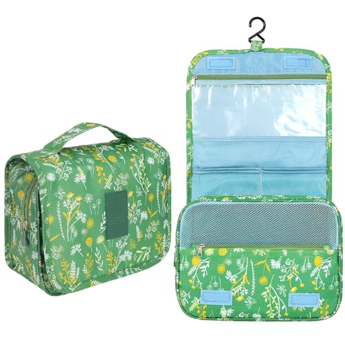 Pengxiaomei Hanging Toiletry Bag, Green Floral Waterproof Cosmetic Bag Portable Makeup Pouch Wash Bag with Handle for Woman Teen Girls Tea Party Summer Camp - color: Green