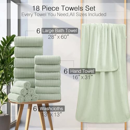 18 Piece Family Bath Towel Set Include 6 Bath Towels,6 Hand Towels and 6 Washcloths Soft Bathroom Towel with Hanging Loops,Highly Absorbent Quick Dry Towels Set for Bathroom,Hotel and Spa-Green - color: Green, size: 18-Piece Set