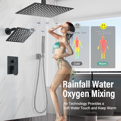 Shower Faucet Matte Black Shower System with 12" Celing+6" Wall Dual Rain Shower Head with Handheld Spray,Bathroom Luxury Brass Shower Valve with Shower Diverter Kit Shower Faucet Set Complete - color: Matte Black, size: Matte Black-12+6"