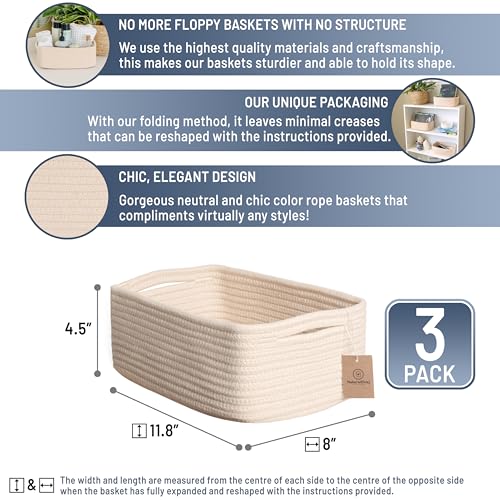 NaturalCozy 11.8"x8"x4.5” Storage Baskets for Shelves 3 Pack | Cotton Rope Woven Small Baskets for Organizing | Small Storage Bins for Nursery, Bathroom, Closet, Cube Shelf, Decorative, Gift Basket - color: Beige, size: 11.8" x 8" x 4.5"