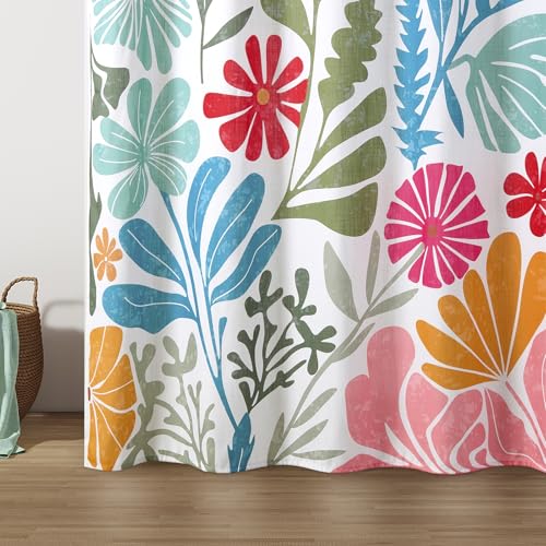RoomTalks Cute Colorful Floral Faux Linen Shower Curtain Funky Aesthetic Bathroom Decor - Heavy Duty Modern Abstract Matisse Blue Pink Flowers Plants Botanical Shower Curtain Set - color: Blue and Pink, size: 72"W x 72"L (Pack of 1)