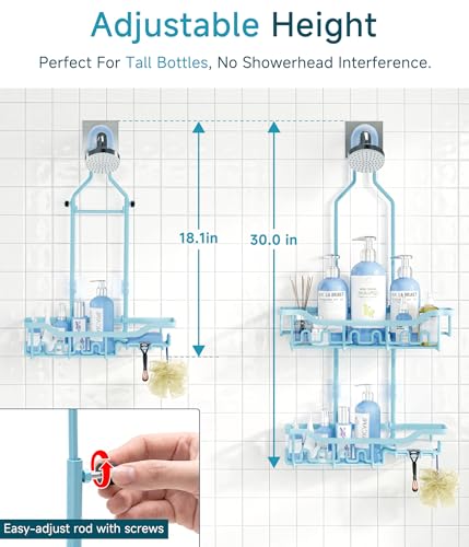 Upgraded Extended Length Shower Organizer with Hooks, Rustproof Shampoo Soap Holder, Large Hanging Bathroom Caddy, Blue - color: Blue
