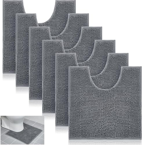 Timgle 6 Pcs U Shaped Toilet Rug 20'' x 20'' Disposable Toilet Mats 0.8'' Thick Chenille Fluffy Training Mats Disposable Non Slip Soft Absorbent Machine Washable Rug for Bath Floor Gray
