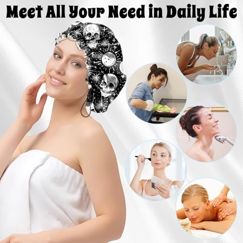 Luxury Shower Cap Satin Lined Reusable Waterproof Double Layer Elastic Adjustable Hair Bath Cap Cute Aesthetic Women Girlss-Skull - color: F5-Skull