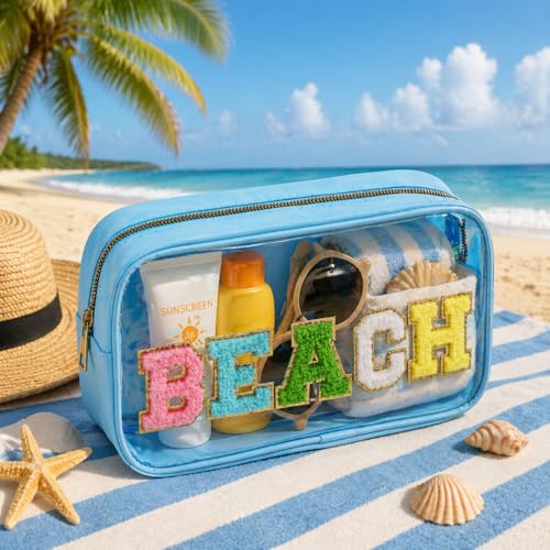 Women Clear Beach Makeup Bag with Chenille Letters-PVC Waterproof Visible Cosmetic Sunscreen Organizer for Pool, Swimming & Travel, Trendy Toiletry SPF Pouch - style: Blue-beach