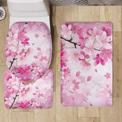 Cherry Blossom 3 Piece Bathroom Rug Set Bathroom Rug Sets 3 Piece with Toilet Cover Bathroom Rug Set with Toilet Cover Bathroom Rug and Toilet Seat Cover Set Toilet Seat Cover Set for Home - color: Cherry Blossom