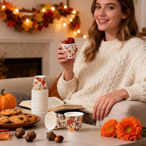 WRAPAHOLIC 3oz Woodland Animal Paper Cups - 100 Pack Disposable Bathroom Cups with Fox, Bear, Deer and Owl 4 Designs, Small Mouthwash Cup for Toothbrush Rinse, Home Bathroom, Fall and Baby Shower - color: Fox/Bear/Deer/Owl