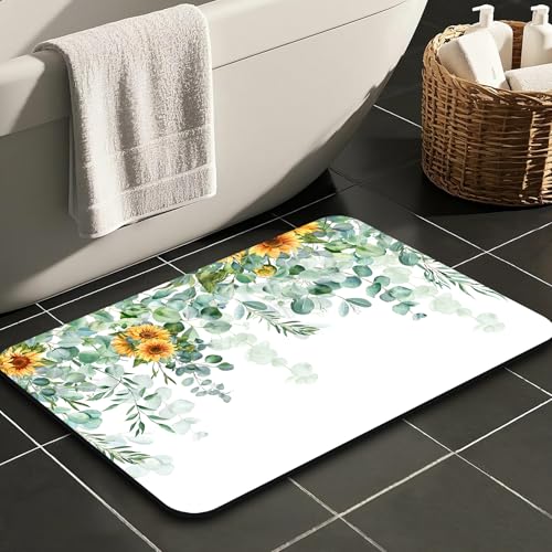 Quick Dry Bath Mat for Bathroom,Super Absorbent Green Eucalyptus Leaves Bath Rug Non-Slip Rubber Backing,Machine Washable Bathroom Floor Mat for Shower, Tub, Sink Area Sunflower Watercolor 16x24 - color: Green Leaves, size: 1'4" x 2' (Rectangular)