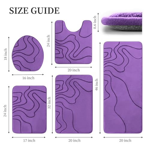 YIHOUSE Memory Foam Bathroom Rugs Sets 5 Piece - Extra Thick Ultra Soft Absorbent Bath Mat Set, Non-Slip Machine Washable Bath Rugs for Bathroom, Tub & Shower, Home Decor Accessories, Purple - color: Purple, size: 1'5" x 3'10" (5 pieces)