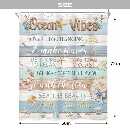 Newsely Ocean Vibes Shower Curtain 60Wx72L Inch Blue and Brown Wood Inspiritional Quotes Sea Beach Seashell Starfish Corals Bathroom Set Rustic Plank Waterproof Bath Decoration Accessories Home Decor - color: G-02seashell, size: 60"W x 72"L (Pack of 1)
