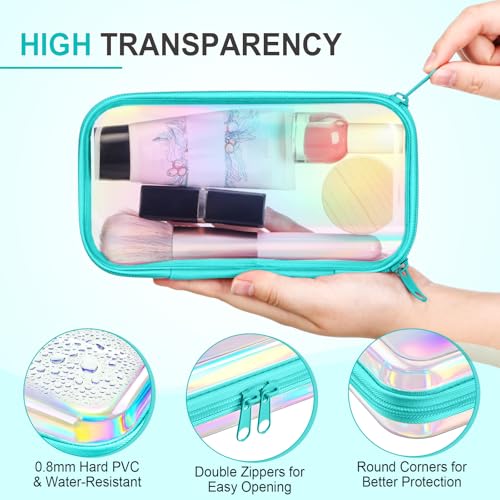 Hoolerry 4 Pcs Hard Clear Zipper Case Makeup Bags Plastic Zipper Pouch Transparent Storage Box Containers for Cosmetics, Snacks, Building Blocks, Puzzles(Clear,7.5 x 3.9 x 2 in,Blue Laser) - color: Blue Laser, size: 7.5 x 3.9 x 2 in