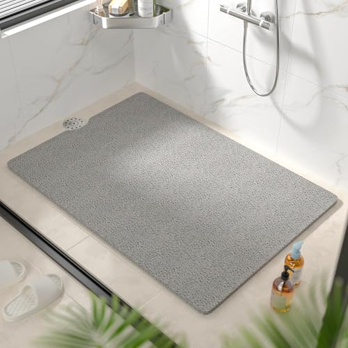 HITSLAM Non Slip Bathtub Mat 40 x 28 Inch, Extra Long Bath Mat for Tub, Soft PVC Loofah Shower Floor Mat with Drain, Quick Drying Bathroom Tub Mat for Wet Area, Without Suction Cup, Grey - color: Grey, size: 40" x 28" (Rectangular)