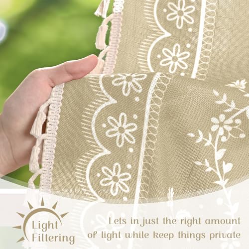 Yinhua Boho Valance Curtains Vintage Linen Natural Kitchen Valances for Windows Light Filtering Bohemian Floral Valance Rod Pocket Farmhouse Tassel Window Valances for Bathroom Cafe, 52" W X 18" L - color: Natural, size: 52"W x 18"L (Pack of 1)