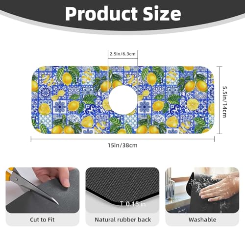 Lemon Mexican Tiles Italian Blue 15" X 5.5" Kitchen Sink Splash Guard Faucet Faucet Guard Draining Mat Sink Splash Guard Faucet Kitchen Bathroom - color: Lemon Mexican Tiles Italian Blue
