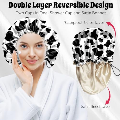 Luxury Shower Cap Satin Lined Reusable Waterproof Double Layer Elastic Adjustable Hair Bath Cap Cute Aesthetic Women Girls-Cow Leopard - color: F9-Cow Leopard