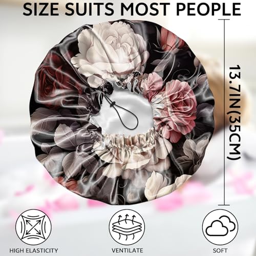Shower Cap Adjustable Waterproof Double Layer Elastic Reusable Hair Bath Cap Cute Aesthetic for Women Girls-Rose - color: R8-Rose