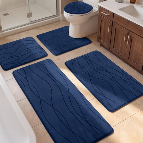 YIHOUSE Bathroom Rugs Set 5 Piece, Memory Foam Bath Mat Navy Blue | Ultra Soft, Absorbent, Non-Slip, Machine Washable, for Bathroom, Sink and Toilet - color: Dark Blue, size: 3'10" x 1'8" (Rectangular)