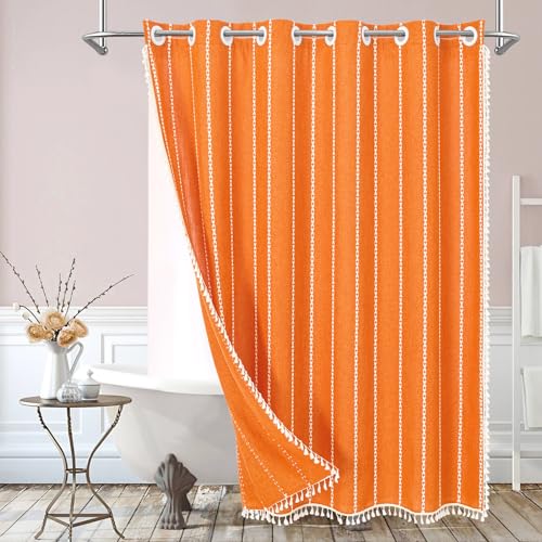 MitoVilla No Hooks Required Orange Boho Shower Curtain with Snap-in Liner, Farmhouse Cotton Linen Fabric Shower Curtains with Tassels for Rustic Neutral Bathroom Decor, Burnt Orange, 72 x 74 - color: Orange