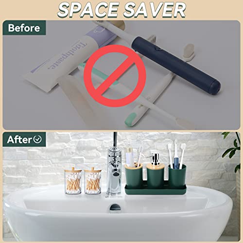 SLDIYWOW 9-Piece Dark Green Bathroom Accessories Set with Trash Can, Tray, Soap Dispenser, Toothbrush Holder, Toothbrush Cup, Soap Dish, Toilet Brush and Q-tip Holders for Bathroom/Housewarming - color: Dark Green