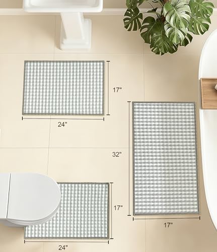 YIHOUSE Light Grey Bathroom Rugs Set 3 Pieces, Gray Checkered Absorbent Bath Mat Sets Quick Dry, Woven Soft Bath Rugs Non Slip, Thin Washable Rugs for Bathroom - color: Light Grey, size: 3 Pieces