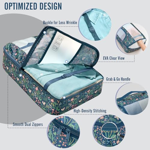 Veken 10 Set Packing Cubes for Travel Essentials,Anti-Wrinkle Buckled Suitcase Organizer for Shoe & Toiletry Bag,Carry On Luggage Bag with 99+ Count Mesh Holes for Airplane & College Dorm Accessories - color: 08 Navy Flower