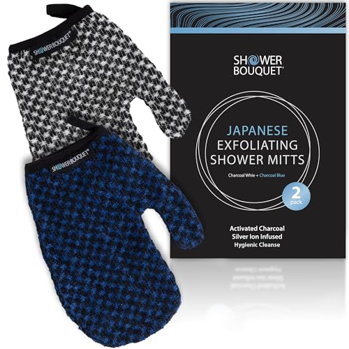Japanese Exfoliating Mitt 2-Pack - Charcoal & Silver Ion Exfoliating Gloves for Shower - Soft Inner Fabric Gentle Exfoliation & Deep Cleansing Body Scrub Gloves for All Skin Types - 1 White, 1 Blue - color: Charcoal Blue + Charcoal White, size: 1 Count (P