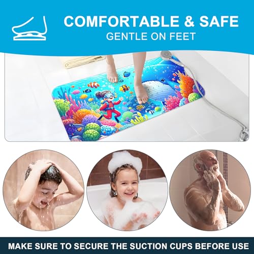 XIYUNTE Baby Bath Mat for Tub Non Slip Kids Bath Mat - 40''x16'' Extra Long Cartoon Bathtub Mat Non Slip Kids Shower Mat Eco-Friendly Toddler Bath Mats with Suction Cups, Machine Washable - color: J-shark 2