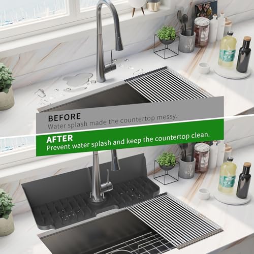 17” x 5.5” Silicone Faucet Handle Drip Catcher Tray Mat, Silicone Faucet Mat Dish Soap Sponge Holder for Kitchen Sink, Drying Mat for Kitchen Counter Bathroom Kitchen Sink Splash Guard - Black - size: 17” Black