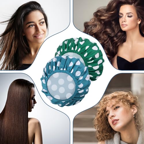 WSICSE 2 Packs Large Shower Caps for Women, Reusable Waterproof Shower Cap Bath Caps with Hair Scrunchies for Long Thick Hair (Blue/Green) - color: dark blue, dark green