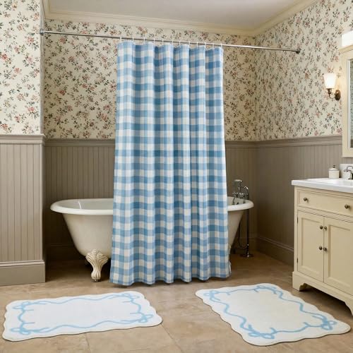 Lounsweer 3 Pcs Blue and White Plaid Shower Curtain Set, Gingham Shower Curtains with Bath Rugs Checkered Bathroom Curtain Set for Bathroom Farmhouse Hotel Tub, 72 x 72