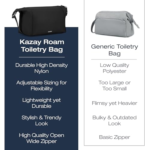 KAZAY Expandable Toiletry Bag with Side Clips for Adjustable Sizing, Premium High-Density Nylon, Open Wide Zipper, Stylish, Water Resistant, Cosmetic Bag, Makeup Bag, Full-Size Bottles, Unisex (Black) - color: Black