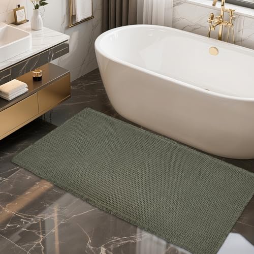 ZALL Waffle Bath Mat,Super Absorbent Non Slip Bathroom Rug,Dark Green 24x48inch,Machine Washable Ultra Soft Floor Mats - color: Dark Green, size: 24 x 48 inches(Rectangular)