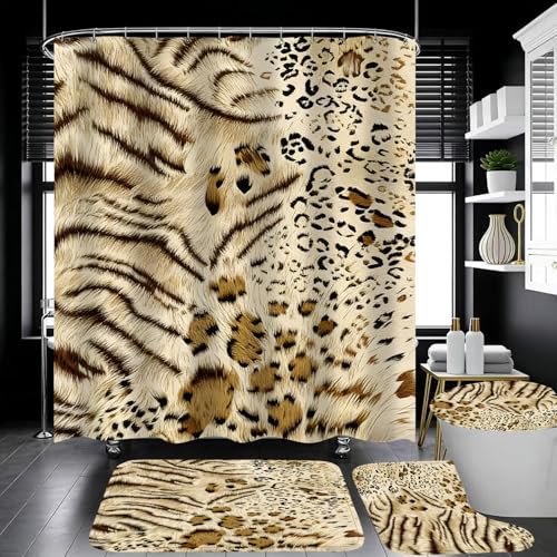 4 Piece Tiger and Leopard Print Shower Curtain Set with Rugs, Exotic Animal Skin Texture Art, Luxury Safari Aesthetic Bathroom Decor, Waterproof Fabric with Non-Slip Mats & Toilet Lid Cover - color: Beige