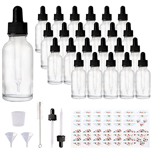 24 Pack 1oz Clear Glass Bottles with Glass Eye Droppers for Essential Oils, Perfumes & Lab Chemicals (Brush, Funnels, 2 Extra Droppers, 36 Pieces Labels & 30ml Measuring Cup Included) - color: Clear