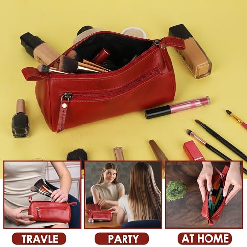 Leather Makeup Bag for Women – Genuine Leather Cosmetic Bag Travel, Handmade Zippered Makeup Pouch, Small Toiletry Bag, Shaving Kit & Stationery Organizer- Red - color: Red