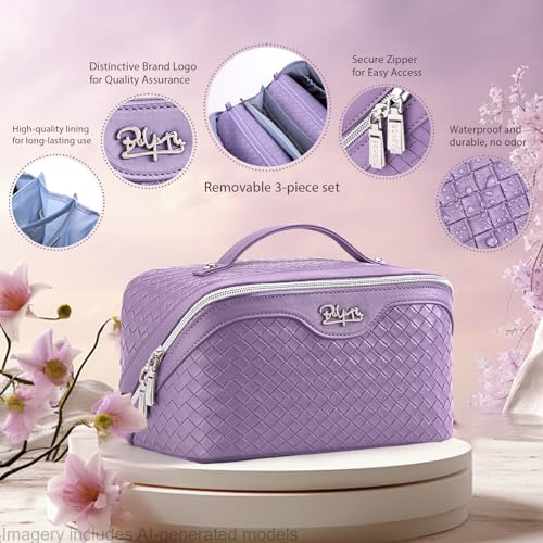 BOYATU Travel Makeup Bag Cosmetic Bags for Women: Large Capacity 3 Pcs Set Make up Bag with Compartments - Waterproof Vegan Leather Toiletry Organizer Bags with Handle (L01 Purple) - color: L01 Purple