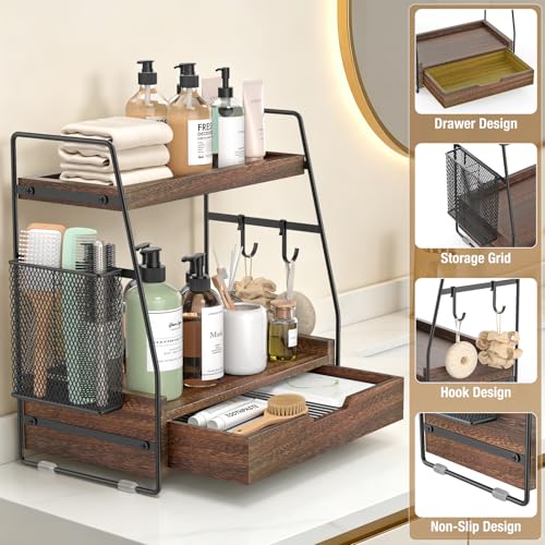2-Tier Bathroom Counter Organizer with Drawer and Removable Basket, Wood Vanity Countertop Storage for Perfume, Makeup, Skincare, Bathroom Counter Shelf, 13" x 7.9" x 14.5", Dark Brown - color: Dark Brown