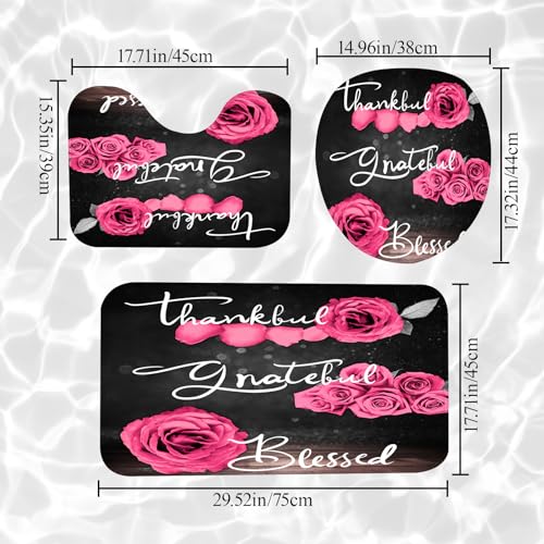 4Pcs Pink Rose Shower Curtain Sets, Thankful Grateful Blessed Bathroom Curtain with Non-Slip Rug, Toilet Lid Cover, Bath Mat and 12 Hooks, Romantic Showy Floral Wedding Decor for Bath, 72 x 72 inch - color: Pink