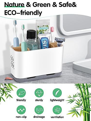 GFWARE Toothbrush Holders for Bathrooms - Bamboo Divider Toothbrush and Toothpaste Holder with Drainage, Kids Electric Toothbrush Organizer for Bathroom Countertop, White Tooth Brush Holder - color: White-l