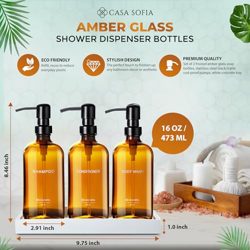 Amber Glass Shampoo and Conditioner Dispenser Set – Refillable 16 oz Pump Bottles with Concrete Tray – Luxury Bathroom Organization & Modern Shower Soap Dispensers - color: Amber Glass