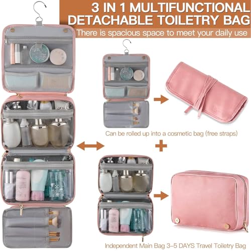 Elviros Hanging Travel Toiletry Bag for Women, 3-in-1 Large Makeup Bag and Cosmetic Organizer, Vegan Leather Waterproof Skincare Case for Travel Size Toiletries and Accessories, Gift for Women - color: Cherry Blossom Pink, size: 1 Pack