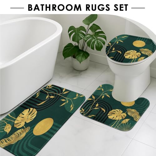 Boho Green Shower Curtain Set with Toilet Lid Cover and Non-Slip Rugs, Tropical Botanical Abstract Green Gold 4 Pcs Modern Minimalist Vintage Shower Curtain for Bathroom Set with 12 Hooks - color: Dark Green