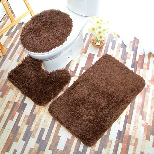 Soft Bathroom Carpet 3 Piece Bathroom Rugs and Mats Set Bath Mats Set with U-Shaped Toilet Floor Mat Rugs andToilet Lid Cover Mat (Brown) - color: Brown