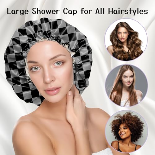 Luxury Shower Cap Silk Satin Lined Waterproof Reusable Adjustable Elastic Dry Hair Bathing Caps Cute for Women Girls-Black Grey Checkered - color: C-17-Black Grey Checkered