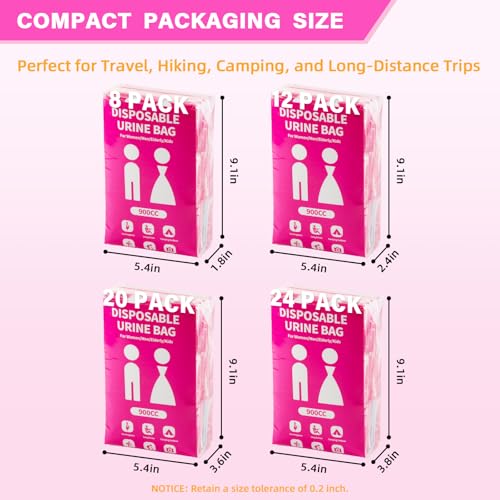 Disposable Urine Bag for Travel - 900ML Portable Pee Bags for Women Men 8/12/20/24/28 PCS Emergency Vomit Bags Urinal Toilet for Car Camping, Road Trip,Traffic Jam, Pregnant, Kid, Patient - color: Fuchsia, size: 9.1"x5.4"x1.8"(8-Pack)