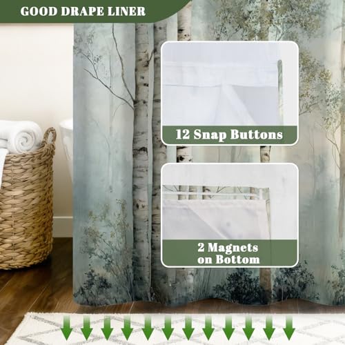 No Hook Shower Curtain and Liner Set, Watercolor Birch Tree Forest Print Shower Curtains for Modern Farmhouse Spa Bathroom, Misty Woodland Bath Curtain with Mesh Top, 71x74 Inch - color: Birch Trees